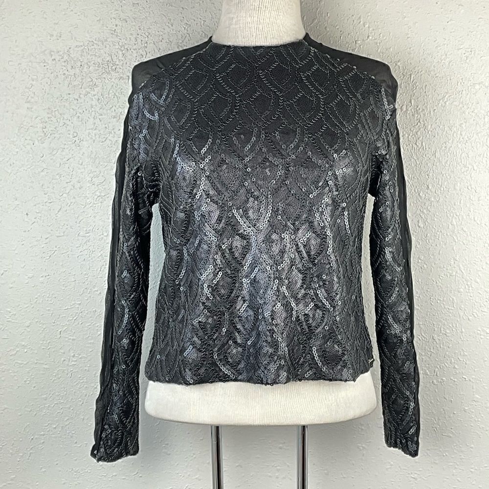 NWT Line & Dot Womens Black Sequins Sheer Long Sleeve Top Size XS